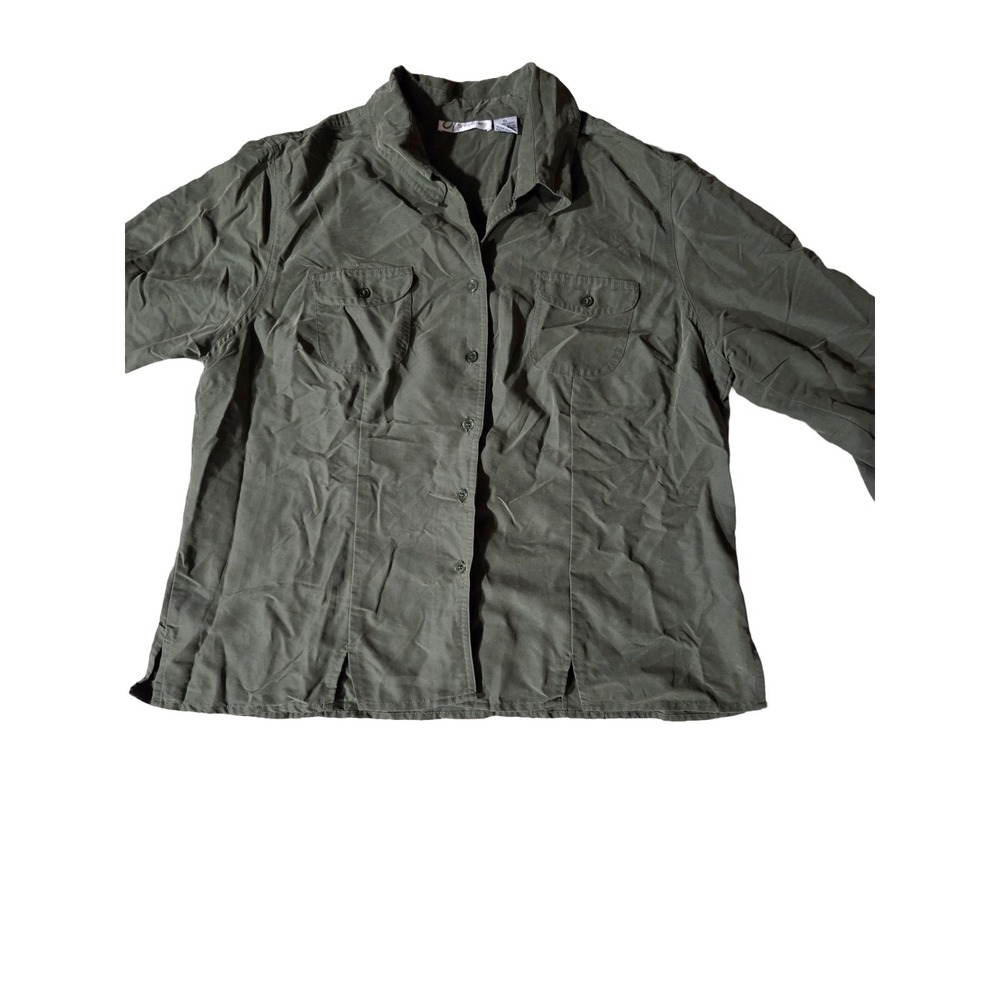 Dressbarn Women Utility Shirt XL Green Button Down Short Sleeve Pocket Blouse
